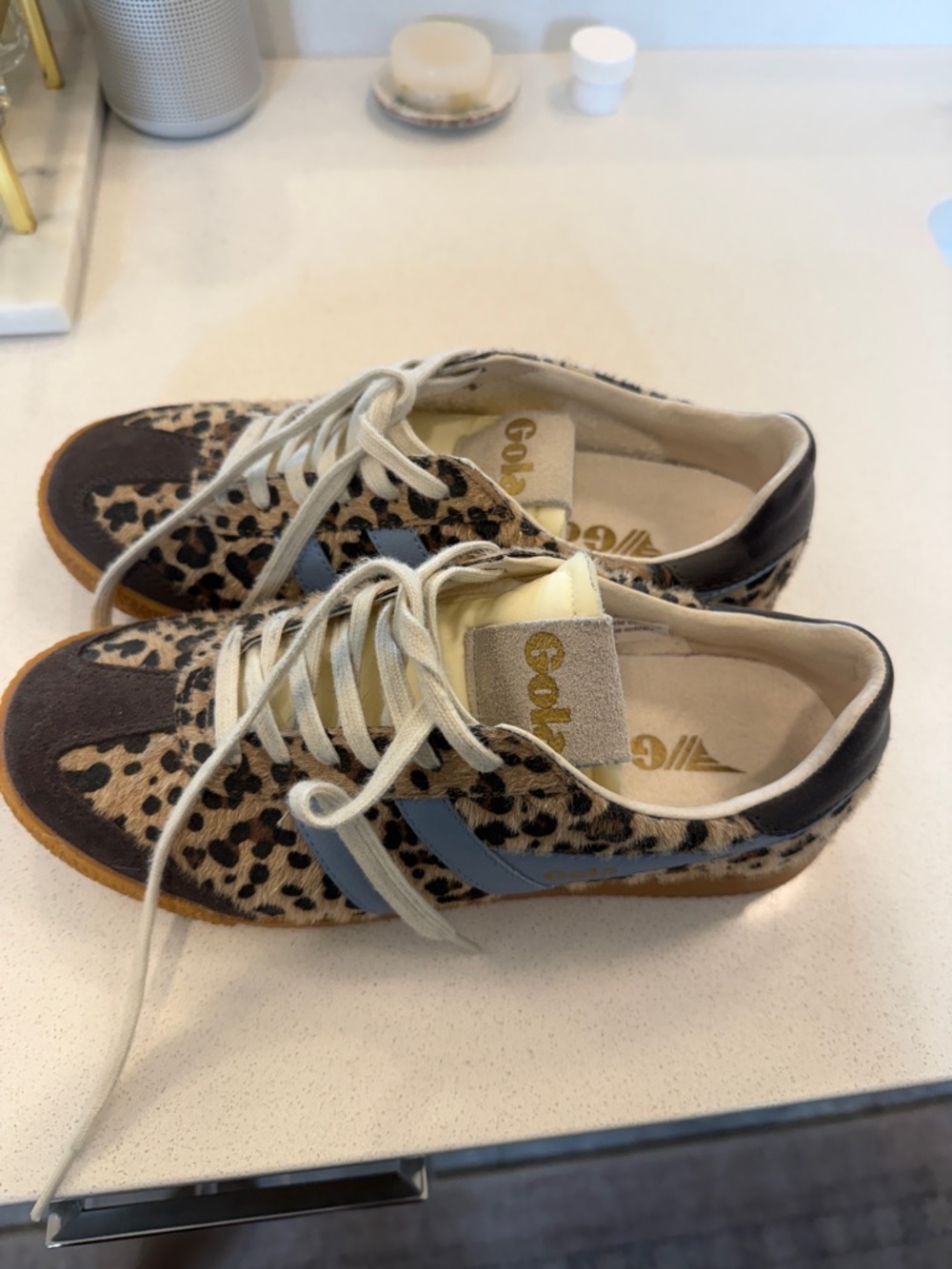 Gola Leopard Print Sneakers with Gum Soles and Light Blue Stripes
